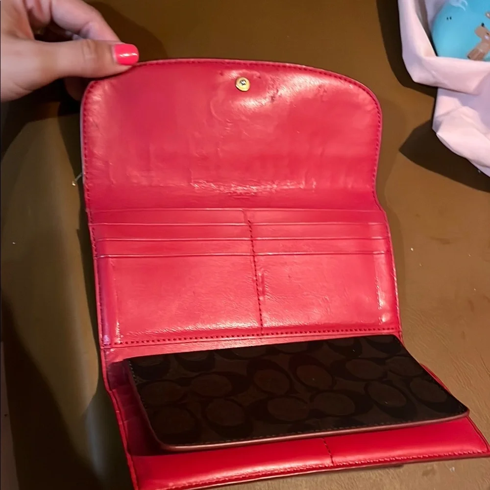 Coach Red and dark Brown checkbook Wallet - Picture 4 of 5